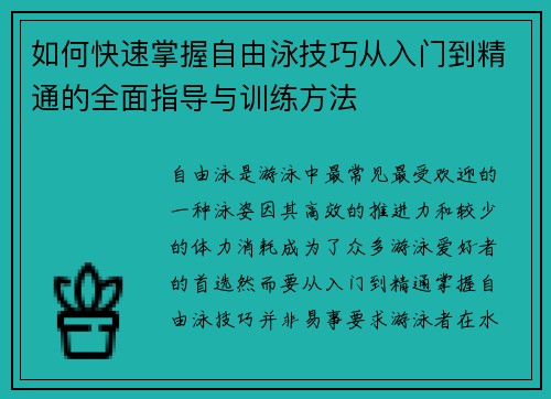 如何快速掌握自由泳技巧从入门到精通的全面指导与训练方法